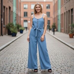 Loft Blue Jumpsuit Button Up Belted Wide Straps High Waist Pockets Wide Leg Sz 2